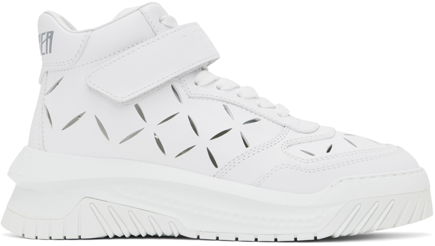 Versace Laser Cut Leather High-top Sneakers In White