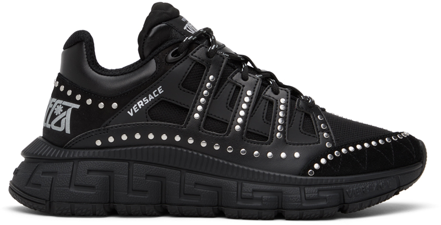 Shop Versace Black Studded Trigreca Sneakers In 1b000 Black