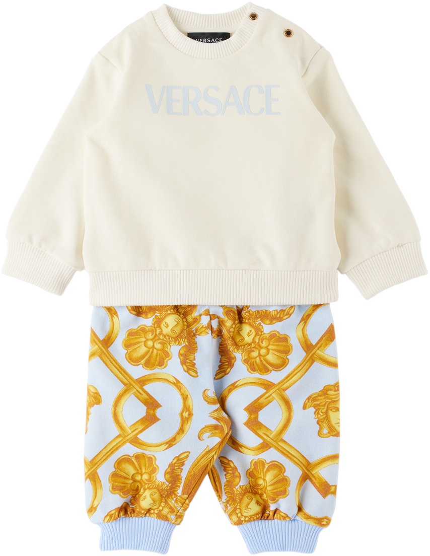 Versace Baby White & Blue Barocco Sweatsuit In 6w330 Bianco+azzurro