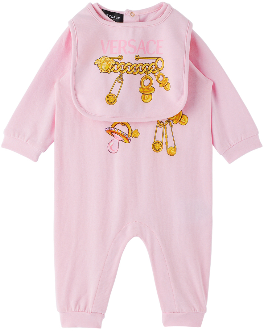 Versace Baby Pink 'donatella' Bodysuit & Bib Set In 2p460 Rosa Baby+oro