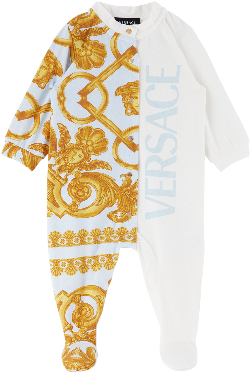 Versace Kids' Baby White & Blue Barocco Jumpsuit In 6w330 Bianco+azzurro