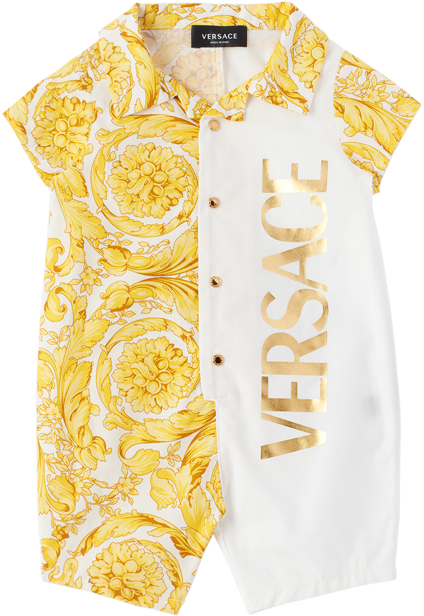 Versace Baby White & Yellow Barocco Bodysuit In 2w110 Bianco+oro