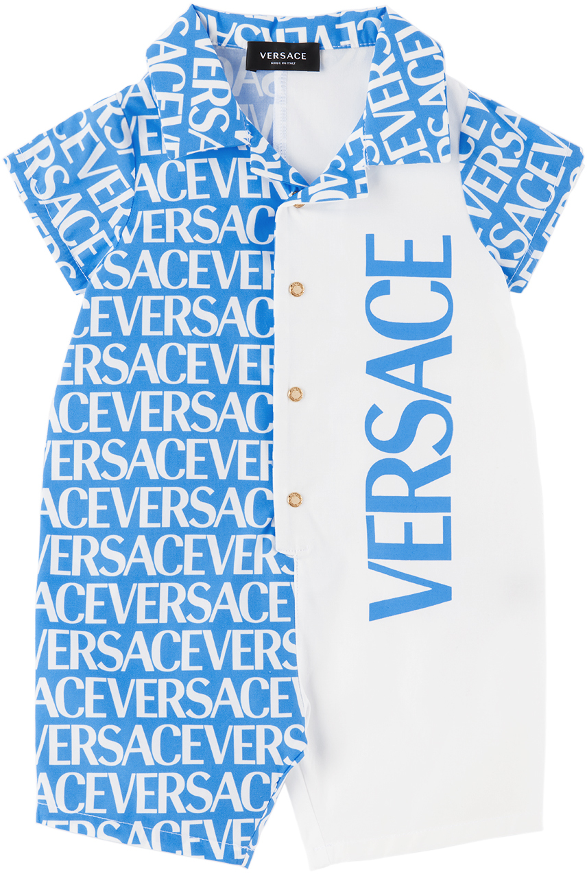 Versace Baby Blue & White Allover Romper In Azzurro+bianco