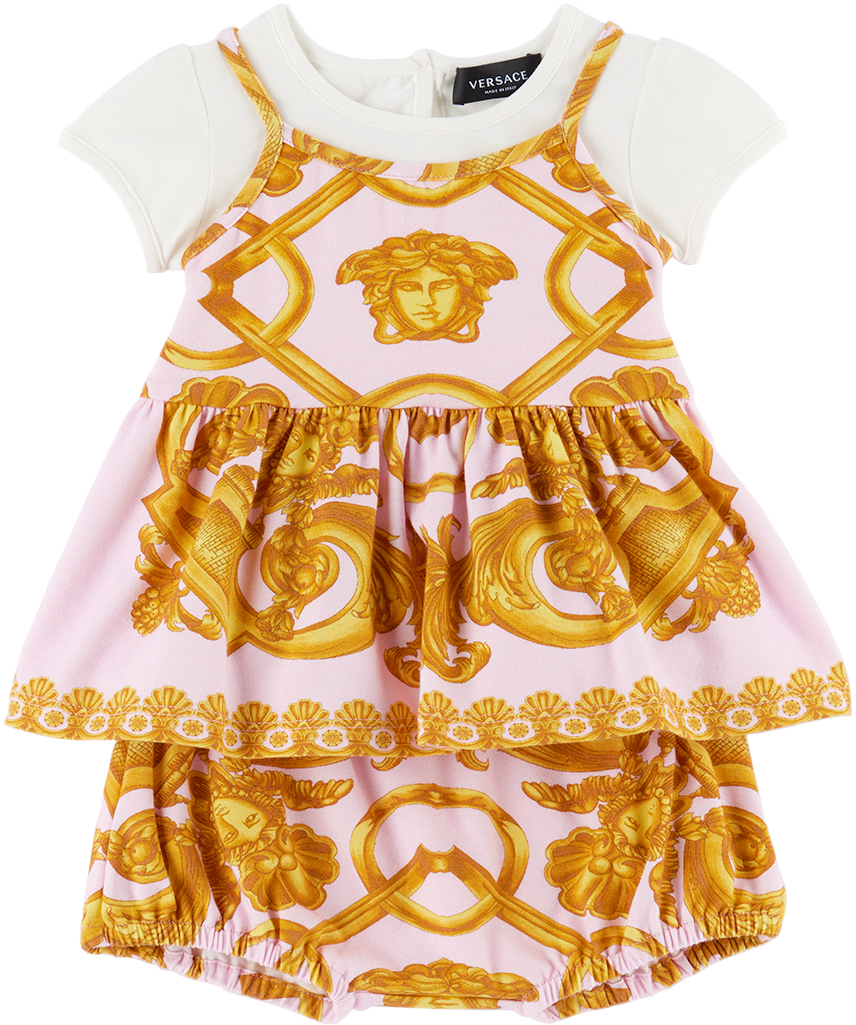 Versace Kids' Baby Pink Barocco 660 Dress & Bloomers Set In 6w160 Bianco+rosa+or
