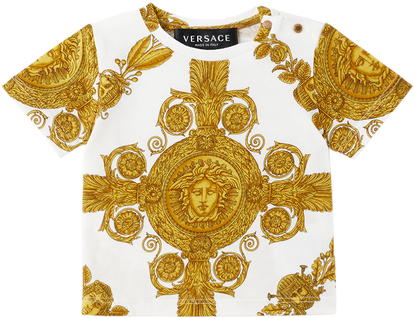 Versace White Printed Cotton Jersey Baby Boy  T-shirt In Bianco+oro