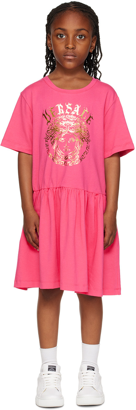 Versace Kids Pink Medusa Dress In Tropical Pink+oro