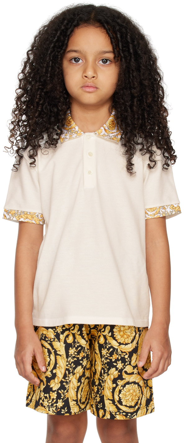 Versace Kids' Barocco-collar Polo Shirt In White