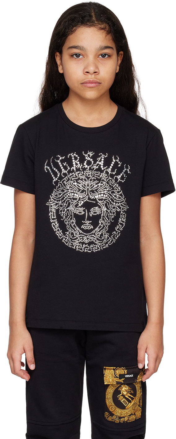 Versace Kids' T-shirt With Medusa Crystals In Nero+crystal