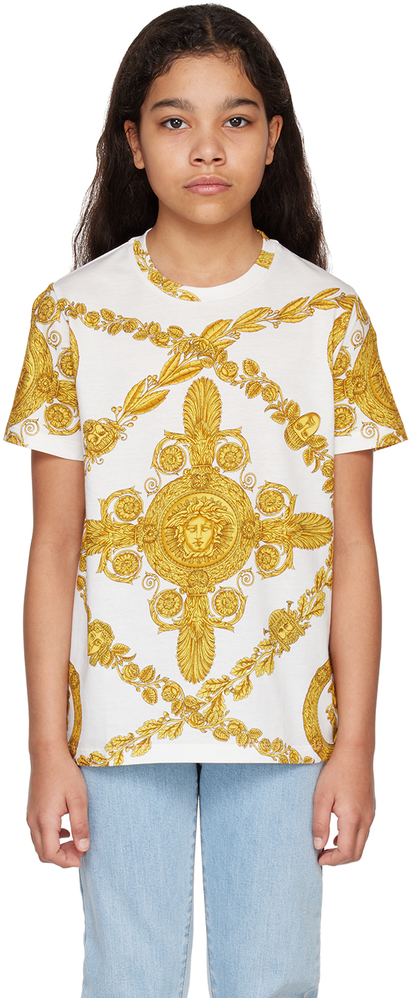Versace Kids' Baroque Print Cotton Jersey T-shirt In White,yellow