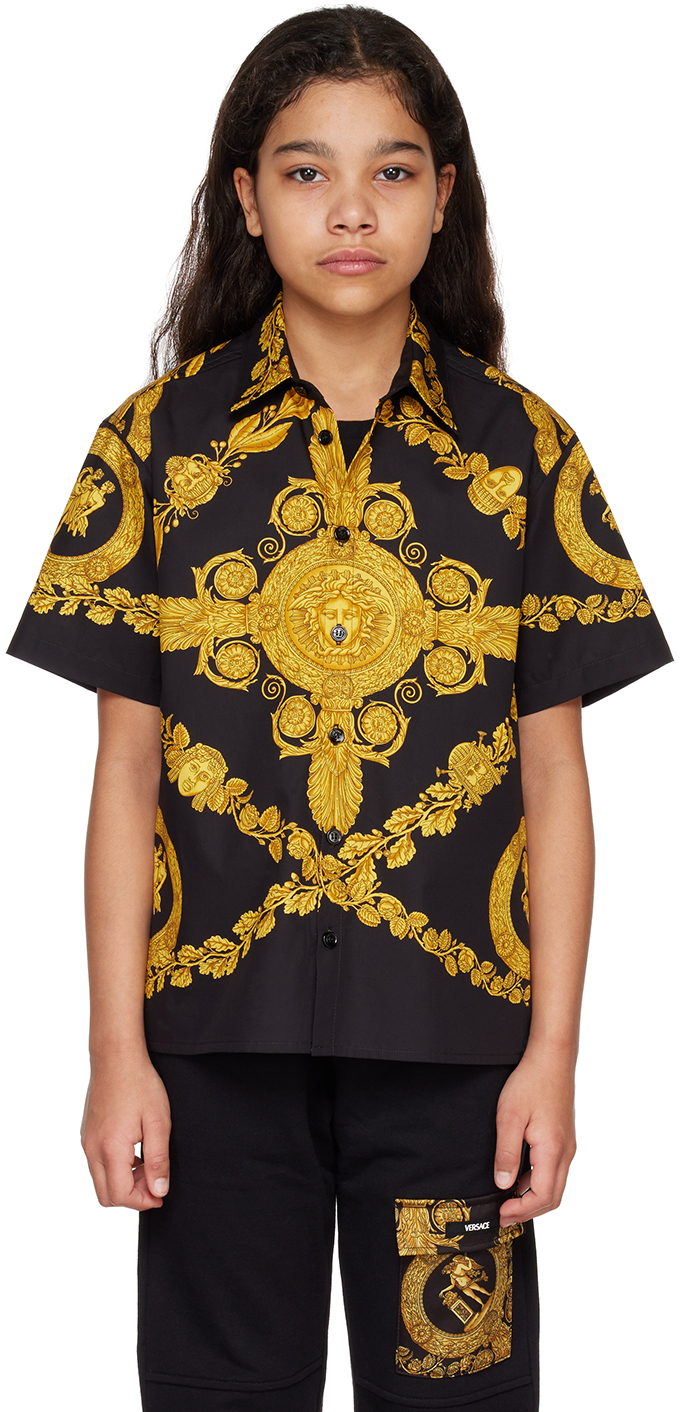 Versace Kids Black Maschera Baroque Shirt In Nero+oro