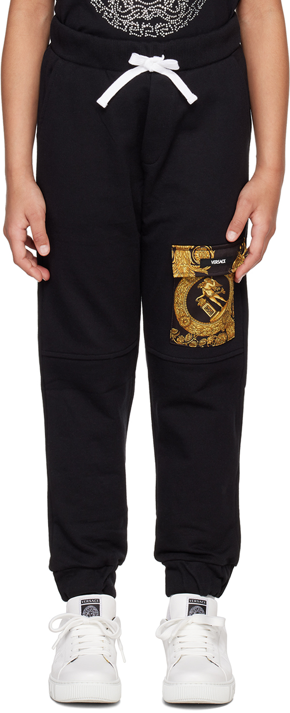 Shop Versace Kids Black Flap Pocket Lounge Pants In Nero+oro
