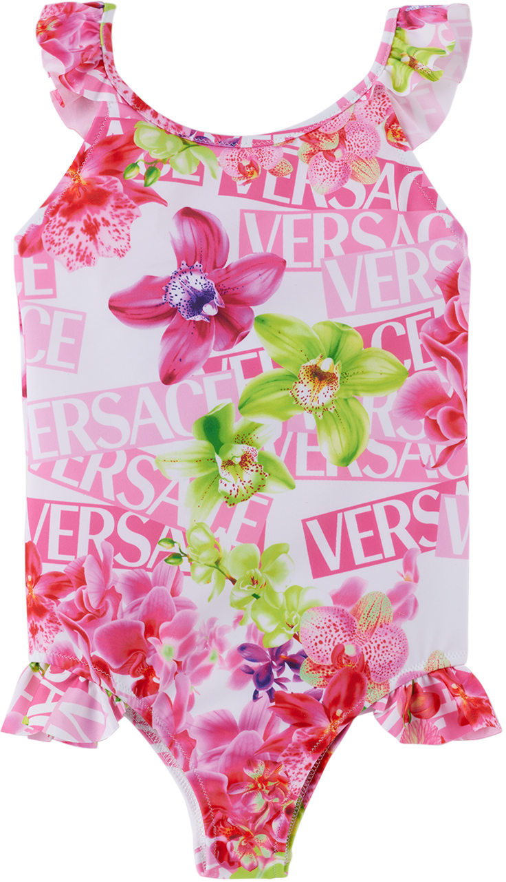 Versace Girls' Orchid & Logo Print Swimsuit - Big Kid In White