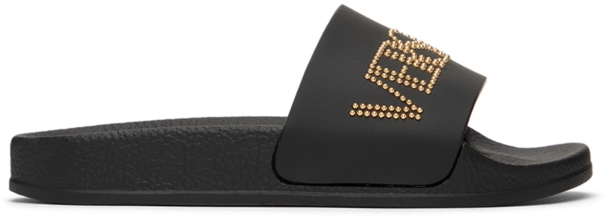 Versace Logo Studded Slide Sandal In Black/ Gold