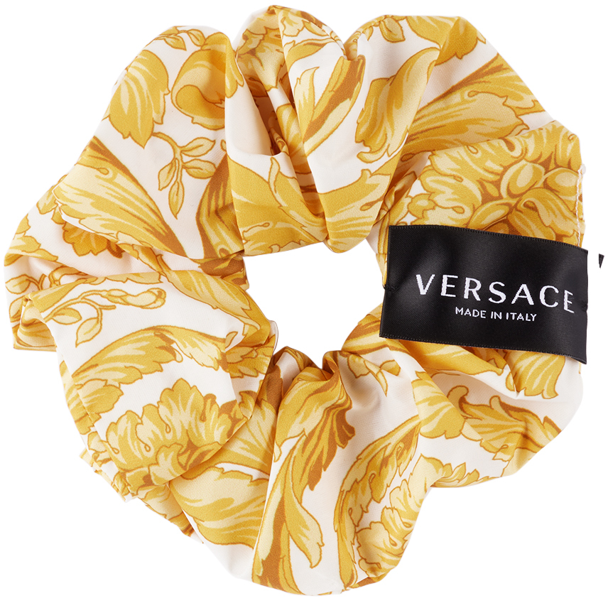 Versace Baroque Print Twill Scrunchie In White,gold