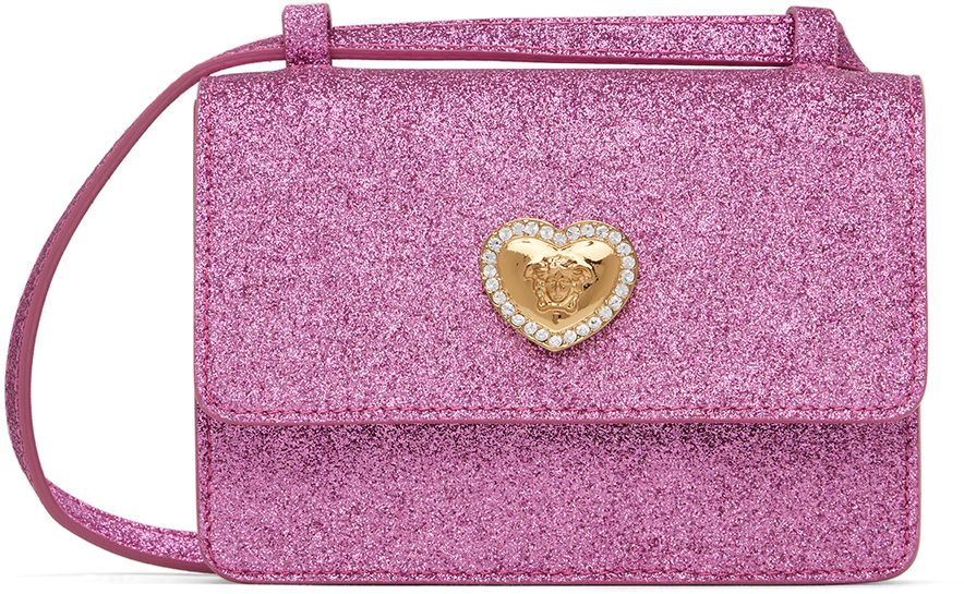 Versace Kids' Glittered Shoulder Bag W/medusa Appliqué In Dark Pink