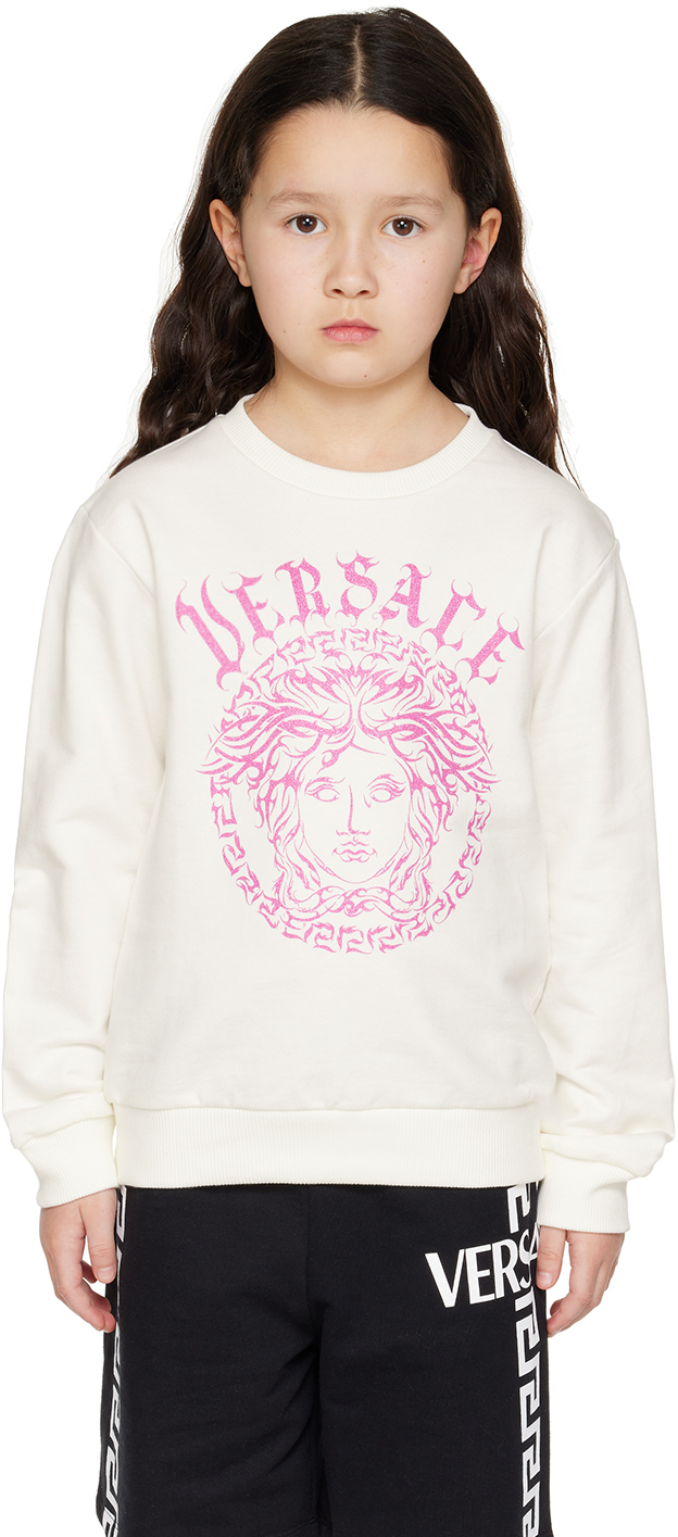 Versace Kids' Medusa Cotton Fleece Sweatshirt In White+tropical Print