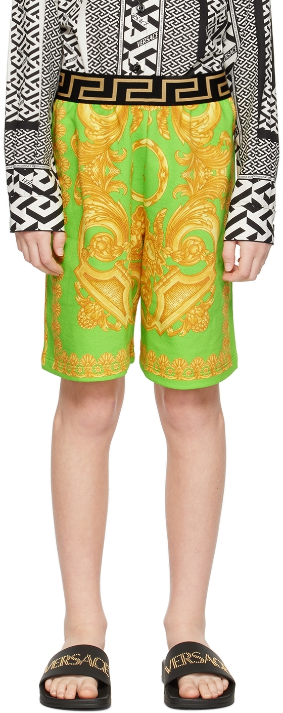 Shop Versace Kids Green Barocco 660 Shorts In 5y250 Lime+gold