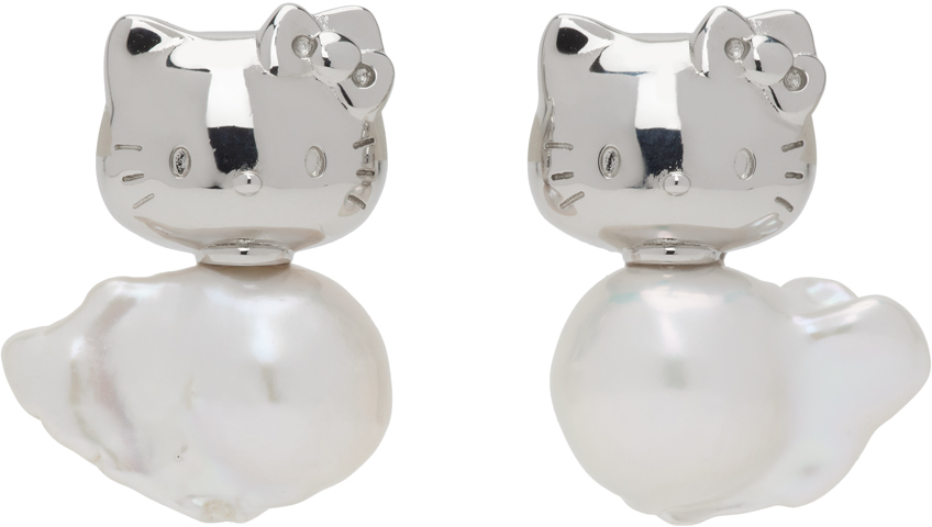 Jiwinaia Silver Hello Kitty Pet Pearl Earrings