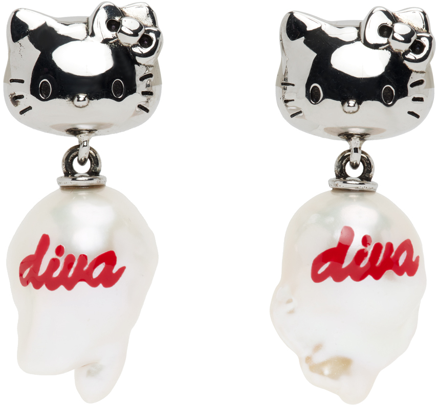 Jiwinaia Silver Hello Kitty Diva Pearl Earrings