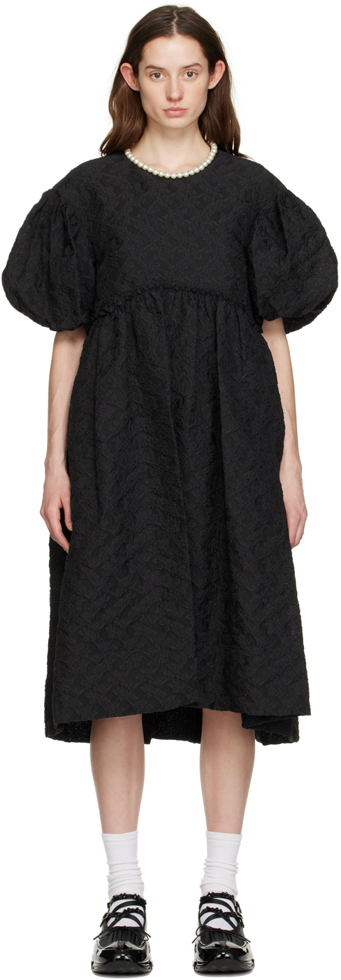Shop Simone Rocha Black Puff Sleeve Midi Dress In Black/pearl