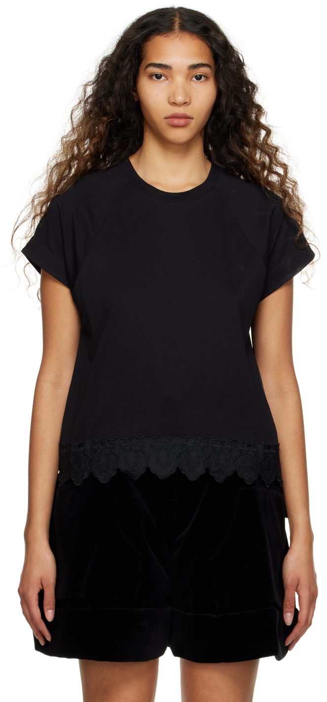 Simone Rocha Black Floral Trim T-shirt In Black/black/pearl
