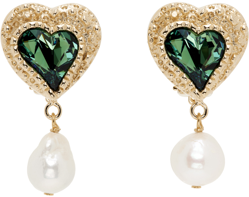 Safsafu Gold Pearl Eden Love Earrings In Green