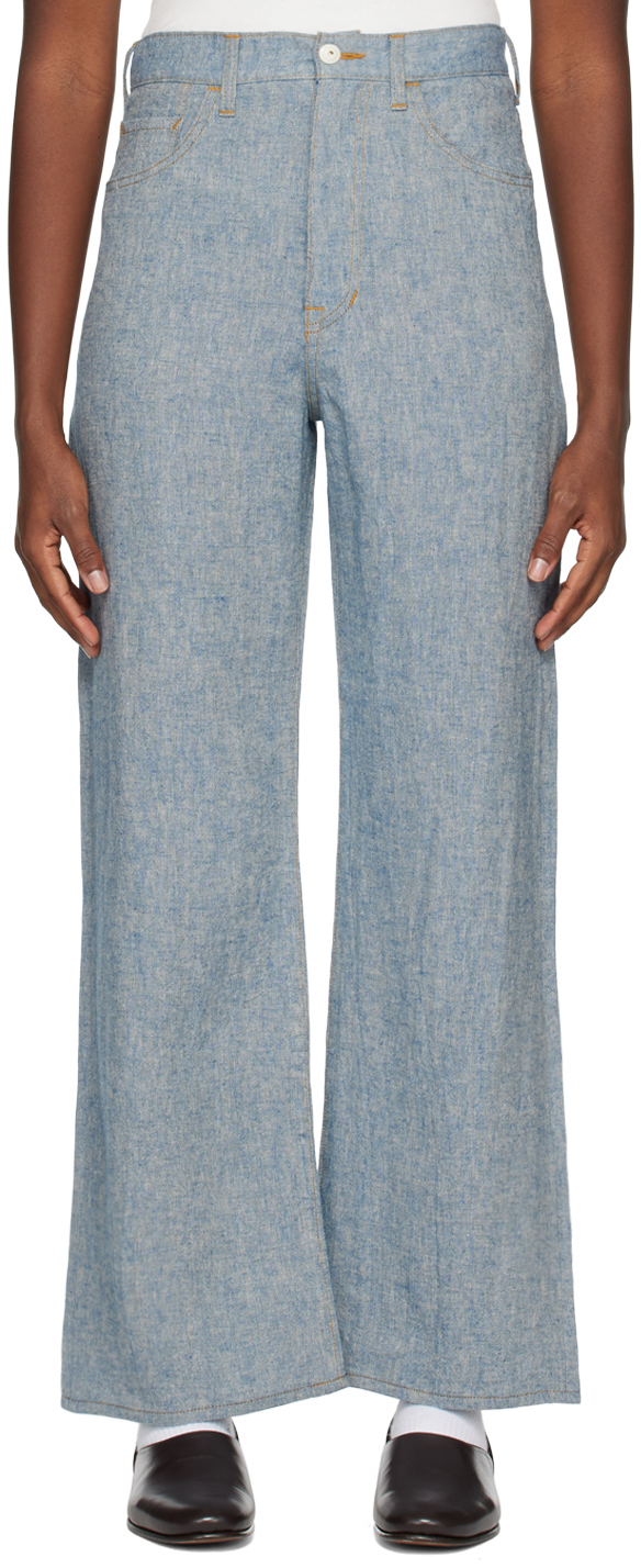 Blue Flare Silhouette Trousers In Sax