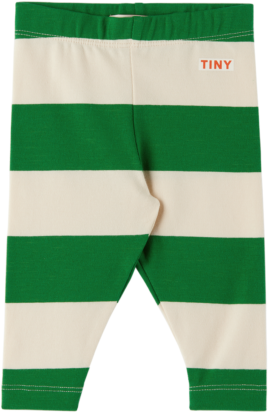 Baby Green & Off-White Stripes Leggings by TINYCOTTONS on Sale
