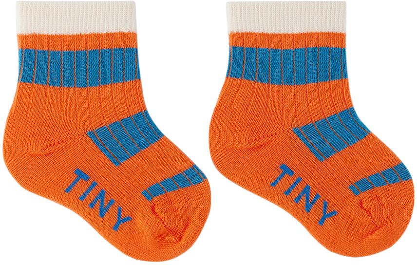 Tinycottons Baby Orange & Blue Big Stripes Socks In L55 Tangerine/lapis