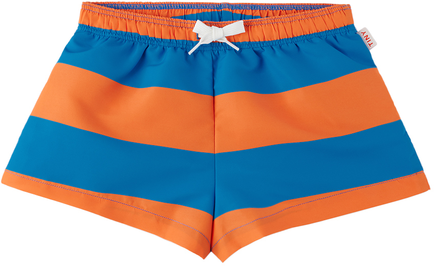Tinycottons Kids Orange & Blue Stripes Swim Shorts In L55 Tangerine/lapis