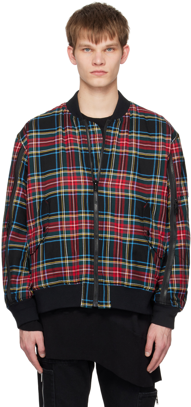 Undercover Red Plaid Reversible Bomber Jacket In Black Ck