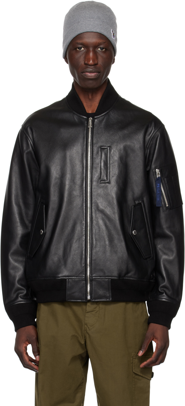 Black Bomber Leather Jacket by PS by Paul Smith on Sale