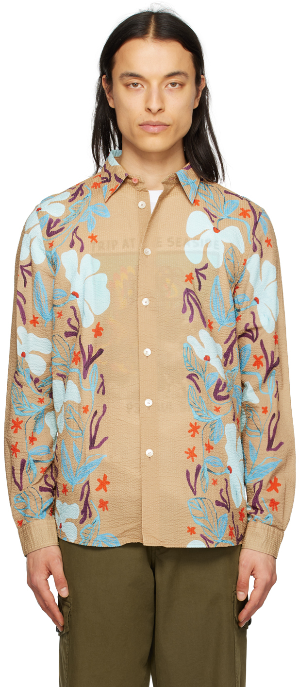 Ps By Paul Smith Floral-print Seersucker Cotton Shirt In Camel