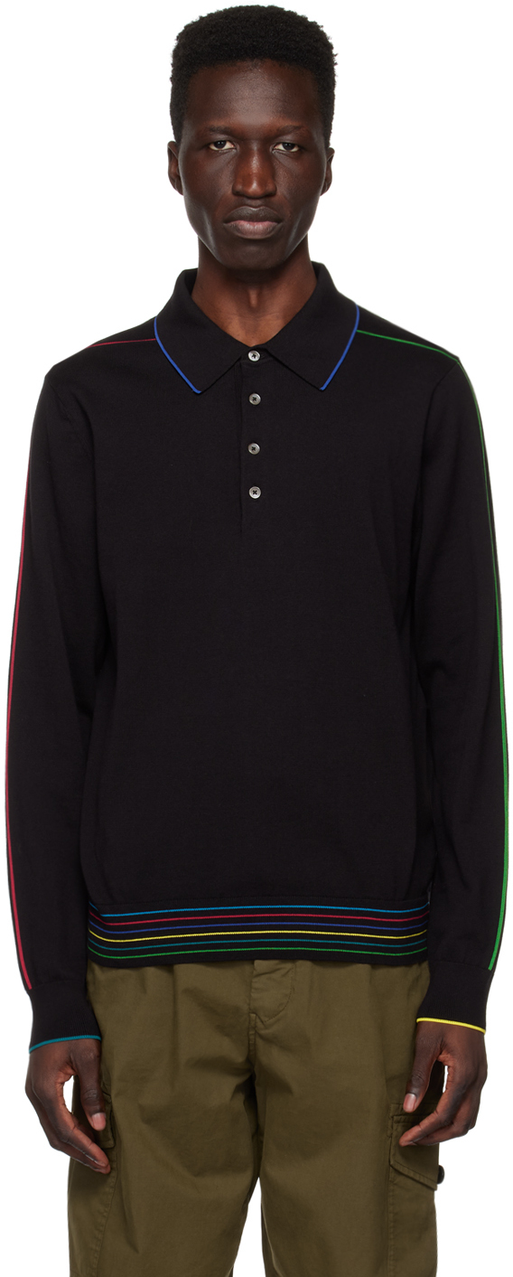 Black Stripe Long Sleeve Polo by PS by Paul Smith on Sale