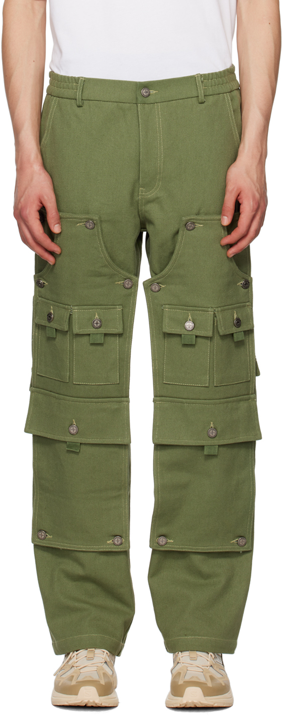 Tombogo Khaki Convertible Double Knee Cargo Pants In Olive