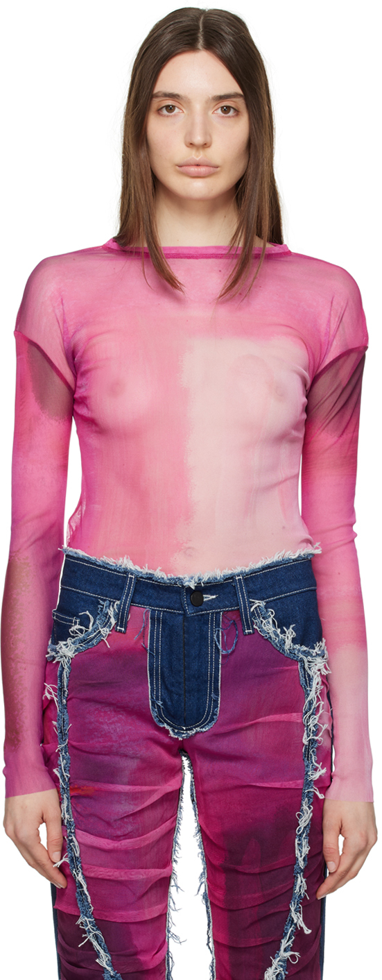 Paula Canovas Del Vas Pink Semi-sheer Long Sleeve T-shirt In Fuchsia
