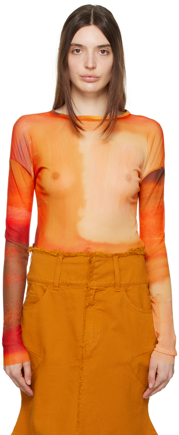 Orange Semi-Sheer Long Sleeve T-Shirt