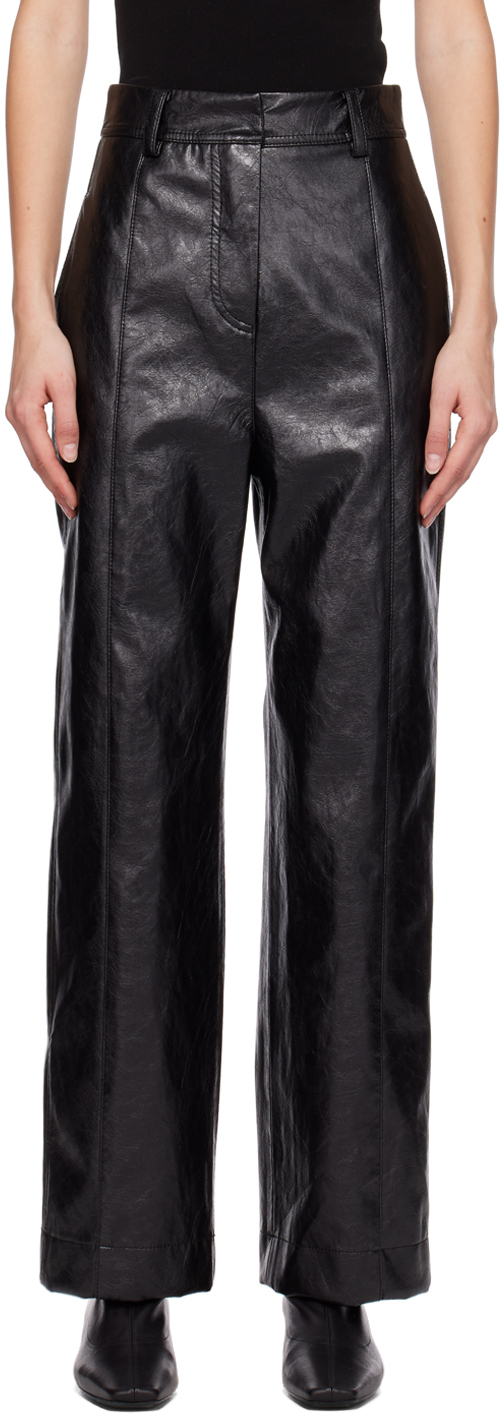 Black Cracked Faux Leather Trousers by LVIR on Sale