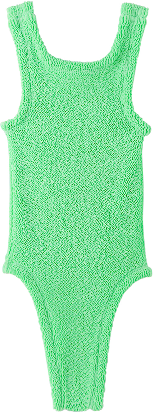 Hunza G Kids Green Shirred One-piece Swimsuit In Lime