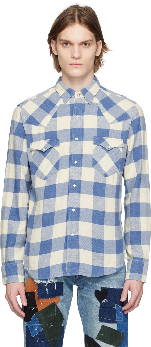 Rrl Blue Check Shirt In Rl 158 Indigo Cream