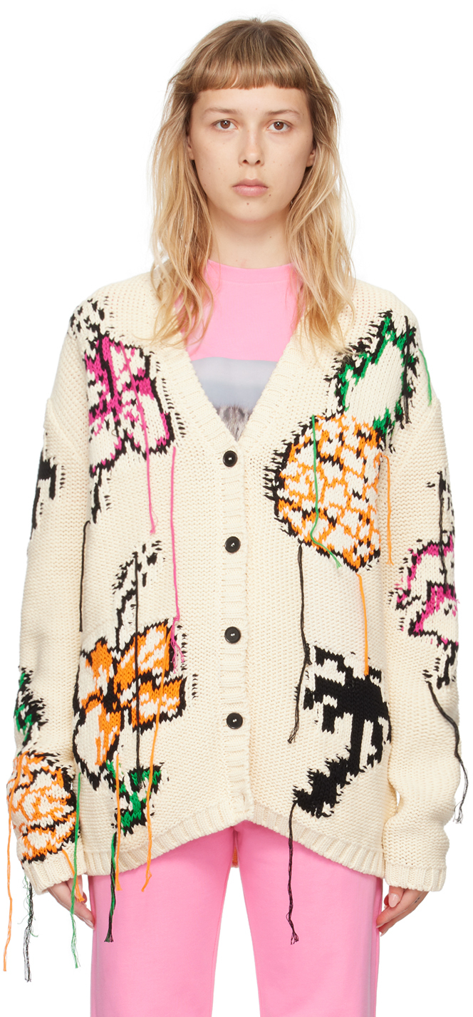 Msgm Flower-print Unfinished-effect Cardigan In Cream