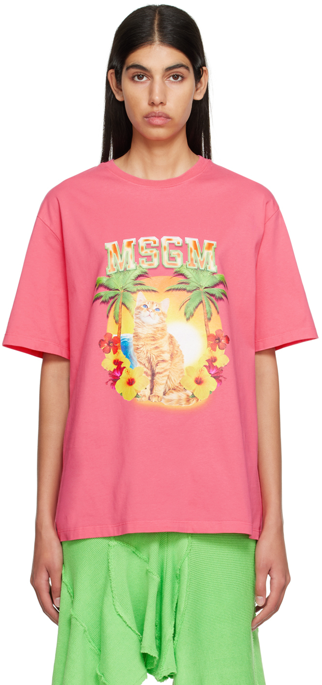 Msgm Pink College Cat T-shirt In 14 Fuchsia