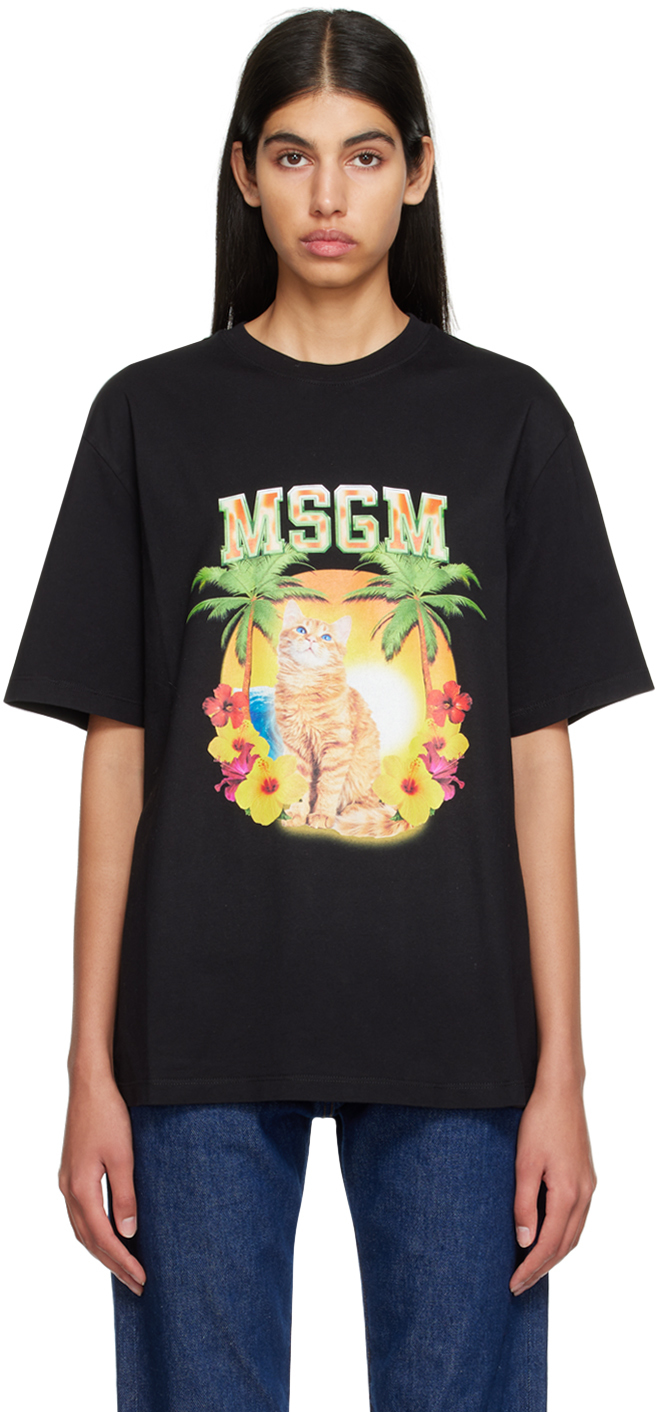 Msgm Cat Graphic Print T-shirt In Black