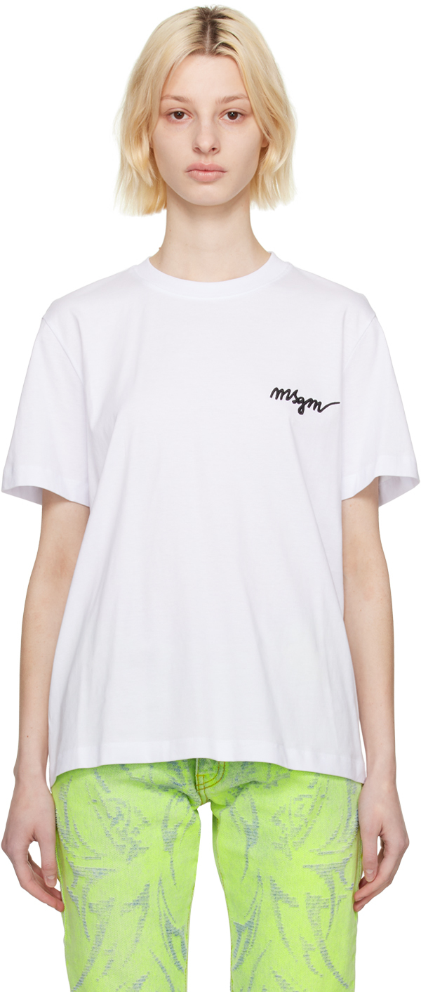 Msgm White Embroidered T-shirt In 1 Optical White