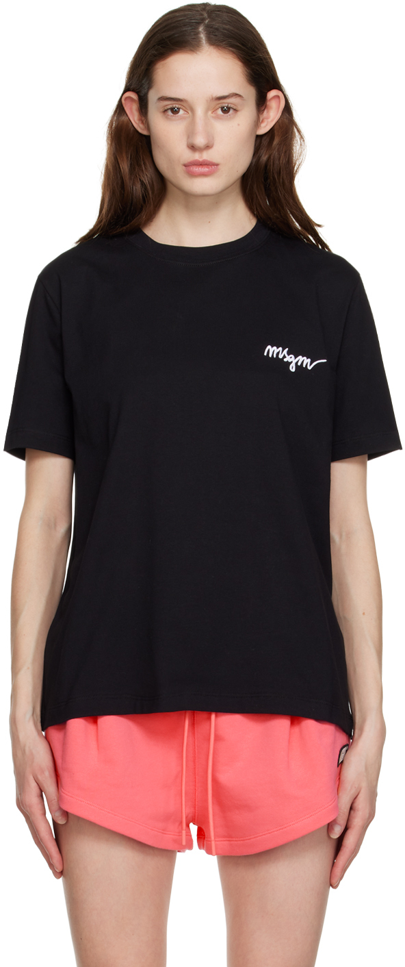 Shop Msgm Black Embroidered T-shirt In 99 Black