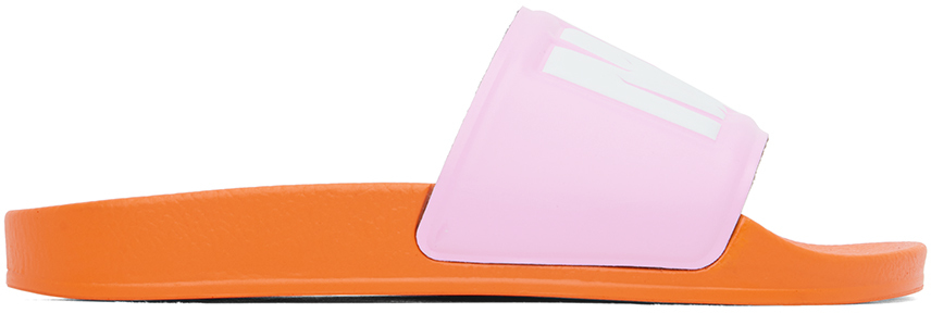 Msgm Logo Slide Sandals In Orange,pink