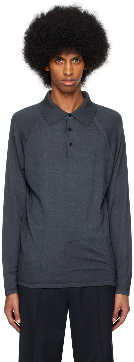 Dunhill Garment Dye Long Sleeve Polo In Blue