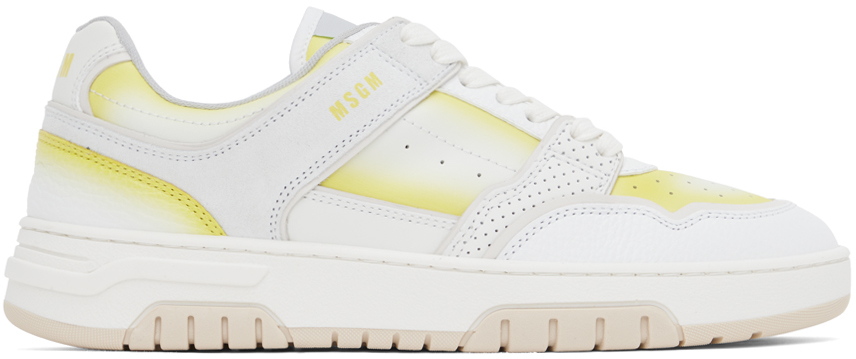 Msgm Airbrush Leather Low Top Sneakers In White,yellow