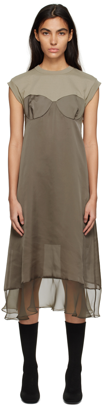 SACAI KHAKI PANELED MIDI DRESS