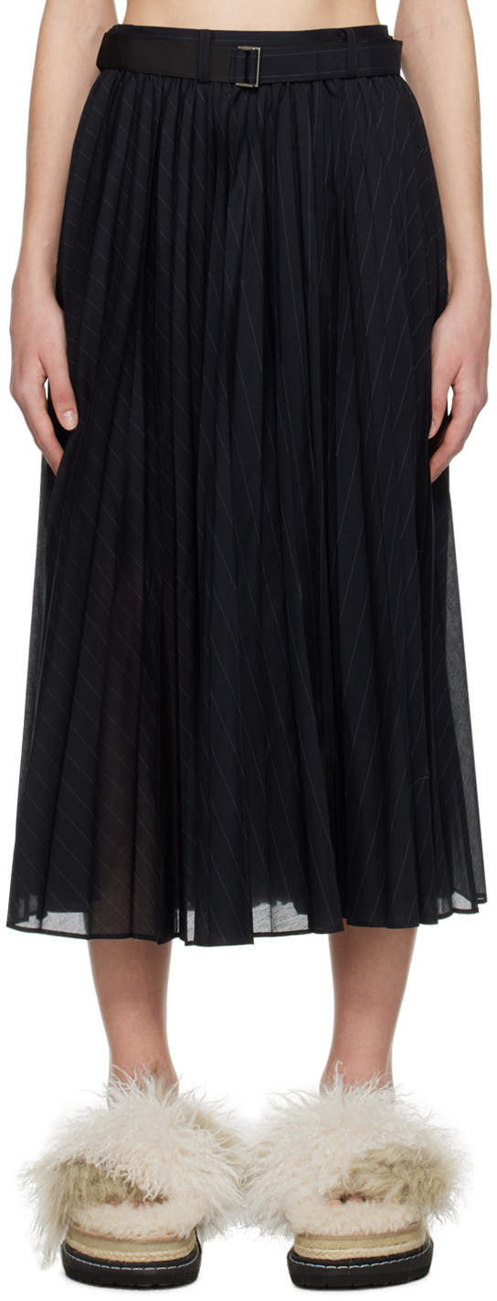 Sacai Navy Pleated Midi Skirt In 201 Navy